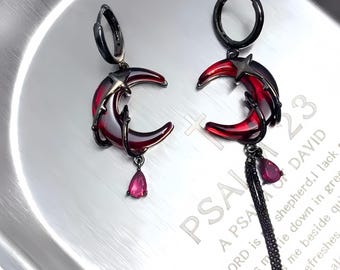 Blood Moon Gothic Earrings, Titanium Asymmetric Red Moon Hoops, Dark Morbid Jewelry, Witchy Celestial Dangle, Alt Grunge Gift for Her