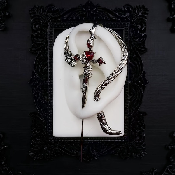 Gothic Sword Ear Crawler, Red Heart Crystal, Punk Thorn Cuff