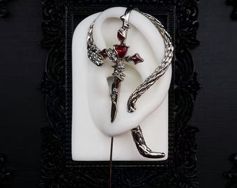 Gothic Sword Ear Crawler, Red Heart Crystal, Punk Thorn Cuff