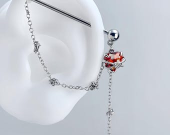 Gothic Red Zircon Heart Industrial Barbell, Surgical Steel Scaffold Piercing
