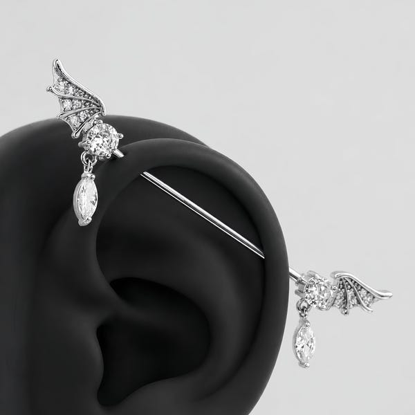 Gothic Angel Wing Industrial Barbell 14G Surgical Steel, Crystal Drop Cartilage Earring 38mm