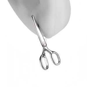 May include: A small, silver-colored metal earring shaped like a pair of scissors. The earring features two oval finger loops and two pointed blades, with a polished, reflective finish. It is designed to be worn in an earlobe piercing.