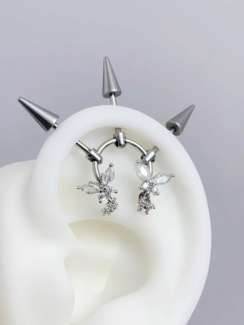 Silver Butterfly Zircon Industrial Barbell, Triple Spike Vertical Helix Piercing Jewelry