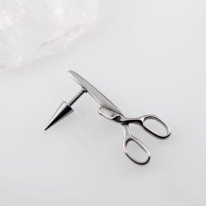 Titanium Steel Scissors Earring, Edgy Punk Cartilage Stud, Cone Spike Back image 4