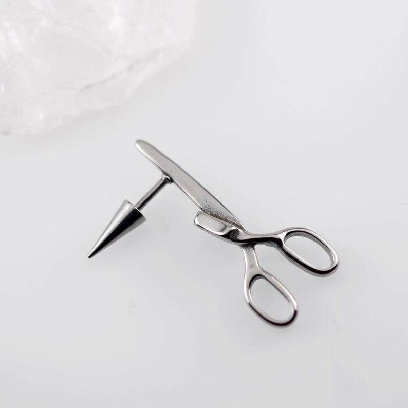 Titanium Steel Scissors Earring, Edgy Punk Cartilage Stud, Cone Spike Back image 4