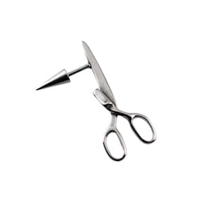 May include: A silver-toned metal body jewelry piece shaped like a pair of scissors with a pointed cone-shaped attachment extending from the side. The design features two oval finger loops and a long blade, crafted from a smooth, reflective material.