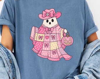 Camiseta de fantasma con lazo rosa de Comfort Colors, camiseta de fantasma femenina, camiseta divertida de fantasma, camiseta de Halloween, camiseta rosa de Halloween, camiseta linda de Halloween