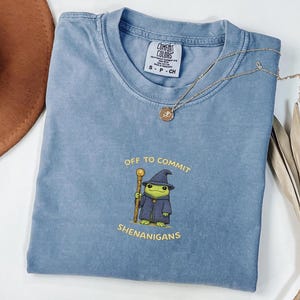 May include: A blue short-sleeved t-shirt featuring an embroidered graphic of a green frog wearing a wizard hat and robe, holding a golden staff. The text above and below the frog reads, "OFF TO COMMIT SHENANIGANS" in yellow, arched lettering.