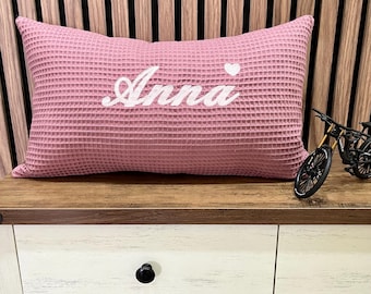 Waffle Pillow with Name Embroidery, Custom Cotton Cushion with Insert