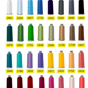 May include: A color chart titled THREAD COLORS OPTIONS displaying thirty-two spools of embroidery thread in various shades, including white, blue, green, brown, yellow, pink, red, and black, each labeled with a unique four-digit numerical code.