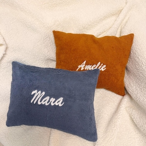 May include: Two rectangular plush pillows with a soft, fuzzy texture. One pillow is a deep burnt orange color with the name Amelie embroidered in white script. The other pillow is a slate blue color with the name Mara embroidered in white script.