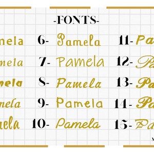 May include: A grid chart displaying fifteen distinct gold-colored font styles for the name Pamela, numbered 1 through 15. The text is arranged in three columns against a white background with a light gray grid pattern and the text MINIBLOOMBABY.