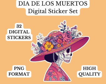 May include: Digital sticker set featuring a stylized illustration of a woman with a skull face, wearing a wide-brimmed hat adorned with flowers. The image includes text that reads "Dia de los Muertos" and "Digital Sticker Set".