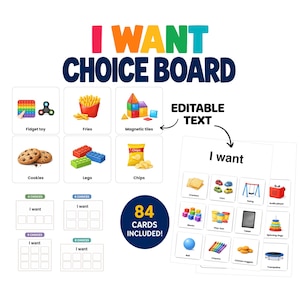 Puede incluir: Una herramienta educativa I WANT CHOICE BOARD que incluye 84 tarjetas con ilustraciones coloridas de artículos como juguetes fidget, patatas fritas, piezas magnéticas, galletas, Lego y patatas de bolsa, con plantillas de texto editable.