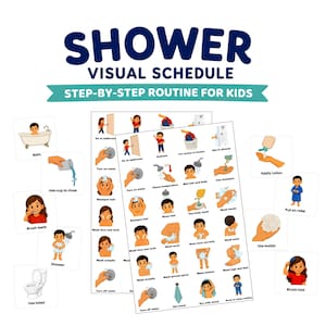 Pode incluir: Um cronograma visual de banho para crianças com ilustrações passo a passo. O gráfico inclui etiquetas de texto como Bath, Use cup to rinse, Brush teeth, Shower, Use toilet, Go to bathroom, Turn on water, Shampoo hair, Wash face e Dry with towel.