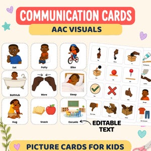 May include: A set of communication cards featuring AAC visuals with illustrations for daily activities like eating, sleeping, and using the potty. The cards include text labels such as Eat, Potty, Bike, Bathtub, More, Sleep, Hug, Snack, and Escuela.