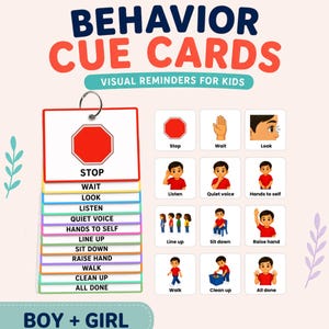 May include: A set of behavior cue cards on a metal ring, featuring white cards with colorful borders. Each card displays a red stop sign or an illustration of a child performing actions like listening, sitting, or cleaning up, with text labels.
