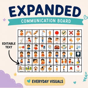 May include: An expanded communication board featuring a grid of colorful icons with text labels for daily activities and emotions. The board includes the text EXPANDED COMMUNICATION BOARD at the top and EVERYDAY VISUALS at the bottom, with an arrow pointing to editable text.
