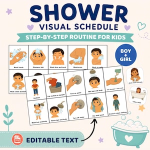 以下が含まれることがあります： 子供向けの視覚的なシャワーのスケジュールで、ステップバイステップの手順が記載されています。デザインには、手を洗うことから清潔な服を着ることまで、各ステップを実行している子供のイラストが含まれています。「Shower Visual Schedule」と「Editable Text」というテキストが含まれています。