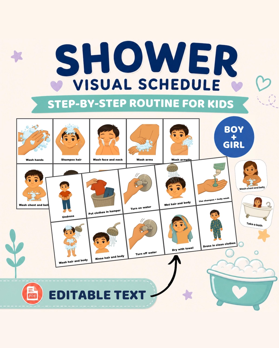Kids Shower Routine Visual Schedule | Autism Bathroom Hygiene Cards ...