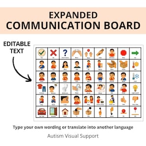 May include: A communication board with editable text, displaying a grid of illustrated icons and words. The board includes symbols for actions, emotions, and needs, designed for visual support. The text at the top reads "EXPANDED COMMUNICATION BOARD".