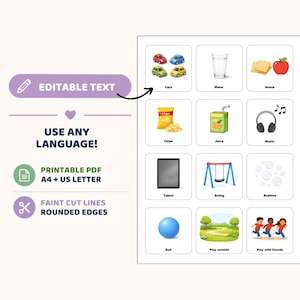May include: A printable PDF sheet featuring twelve square cards with rounded edges and faint cut lines. Each card displays a colorful icon and text, including cars, water, snack, chips, juice, music, tablet, swing, bubbles, ball, play outside, and play with friends.