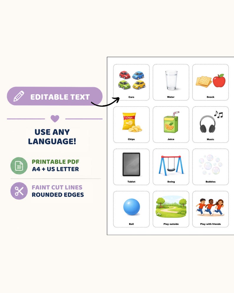 May include: A printable PDF sheet featuring twelve square cards with rounded edges and faint cut lines. Each card displays a colorful icon and text, including cars, water, snack, chips, juice, music, tablet, swing, bubbles, ball, play outside, and play with friends.
