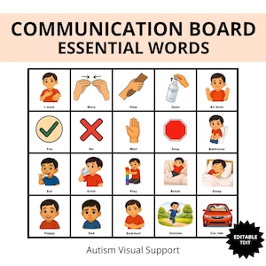 May include: A communication board featuring the text "COMMUNICATION BOARD ESSENTIAL WORDS." The board displays 20 illustrated squares with words such as "I want," "Yes," "Eat," and "Car ride." The words "Autism Visual Support" are at the bottom of the board.