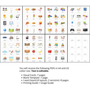 May include: A collection of printable visual communication cards featuring colorful icons for various objects, toys, and activities, organized in a grid layout. The set includes multiple pages with labeled images and blank templates for customization.