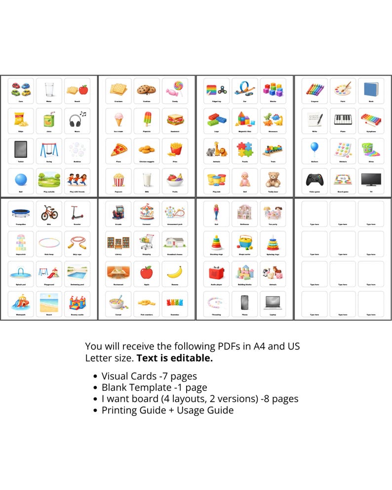 May include: A collection of printable visual communication cards featuring colorful icons for various objects, toys, and activities, organized in a grid layout. The set includes multiple pages with labeled images and blank templates for customization.