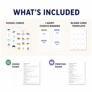 May include: A digital resource set titled WHAT'S INCLUDED featuring visual cards with various icons, I WANT CHOICE BOARDS with 4, 6, and 8 choice options, a blank card template, a usage guide, and a printing guide for communication support.