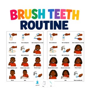 May include: A visual chart titled BRUSH TEETH ROUTINE with colorful text. It displays two sets of step-by-step illustrations showing a person brushing teeth, including getting a toothbrush, adding toothpaste, rinsing, and spitting. Three small cards show mouthwash, floss, and a dental pick.