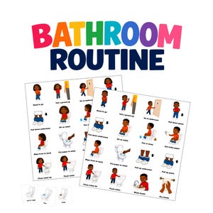 Peut inclure: Deux affiches rectangulaires blanches intitulées BATHROOM ROUTINE en lettres colorées, illustrant les étapes de l'utilisation des toilettes. Chaque affiche montre des personnages dessinés effectuant des actions comme baisser son pantalon, s'asseoir, s'essuyer, tirer la chasse et se laver les mains.