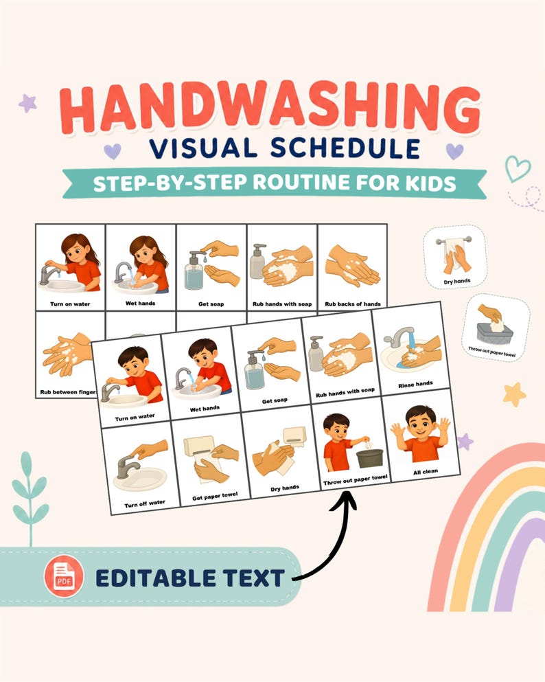 Hand Washing Visuals for Kids, Autism and Preschool, Hygiene Routine ...