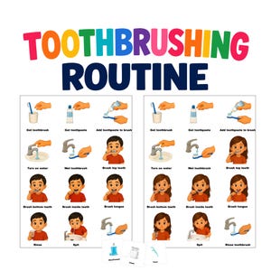 May include: A colorful educational chart titled TOOTHBRUSHING ROUTINE featuring two sets of step-by-step illustrations. Each set shows a child performing dental hygiene tasks like getting a toothbrush, adding toothpaste, brushing, rinsing, and spitting.