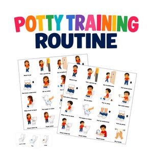 May include: A potty training routine chart set featuring colorful illustrations of children performing bathroom steps. The text reads POTTY TRAINING ROUTINE, with individual cards showing steps like need to go, pull down underwear, sit on toilet, wipe, flush, and wash hands.