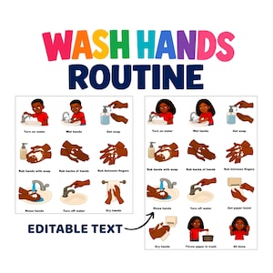 Puede incluir: Un póster educativo colorido titulado WASH HANDS ROUTINE que presenta dos conjuntos de pasos ilustrados para lavarse las manos. Cada conjunto incluye personajes de dibujos animados e iconos que muestran acciones como enjabonar y secar.