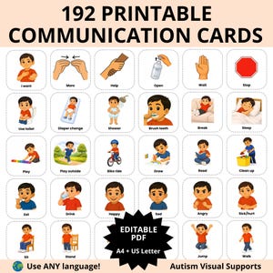 Cartes de communication modifiables, assistance visuelle AAC low-tech pour les enfants autistes et non verbaux, vocabulaire principal et marginal (PDF)