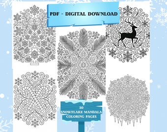 Festive Snowflake Mandalas Adult Coloring Book, 20 Pages, Printable PDF