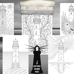 May include: Black and white digital download of 20 lighthouse coloring pages. The images feature various lighthouse designs, including detailed line art and stylized illustrations. The text "PDF - DIGITAL DOWNLOAD" is at the top.