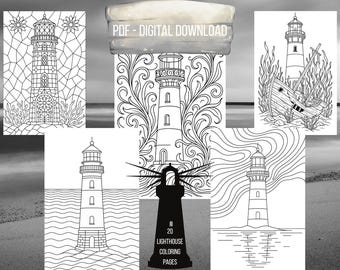 Dibujos para colorear de faros para adultos, 20 páginas con diseños intrincados, PDF imprimible