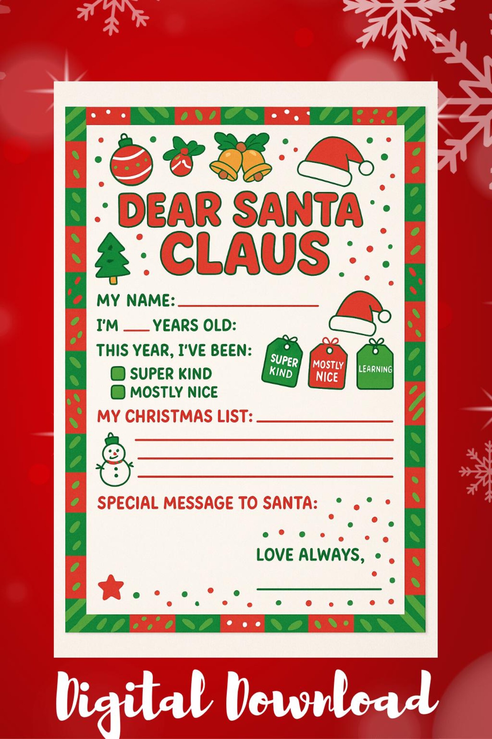 Letter to Santa Printable: Kids Christmas Wish List (PDF Download) - Etsy