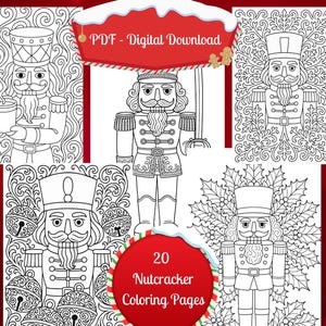 May include: A collection of five black and white nutcracker coloring pages. The pages feature detailed illustrations of nutcracker soldiers in various poses. Text includes "PDF - Digital Download" and "20 Nutcracker Coloring Pages".