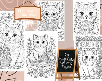 Cozy Cat Café Adult Coloring Pages, 20 Pages, Printable PDF