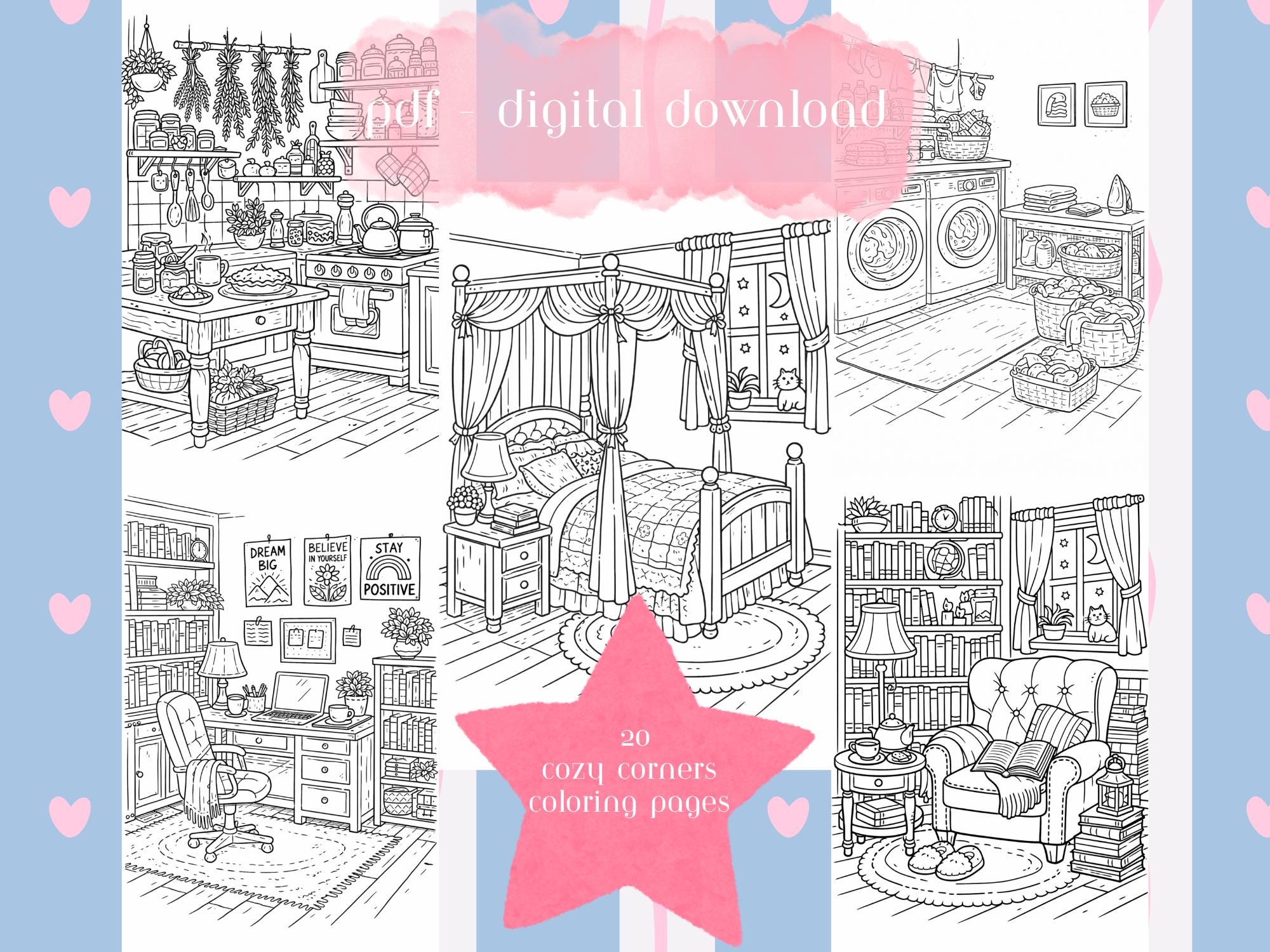 Cozy Home Coloring Pages | Relaxing Nooks Line Art (digital Download ...