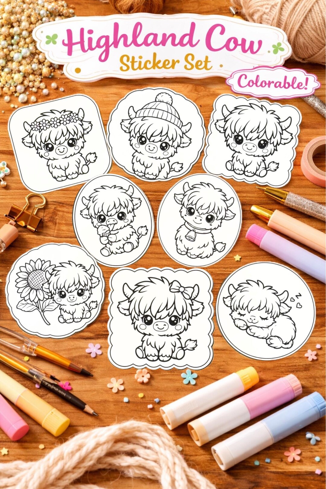 Kawaii Highland Cow Colorable Stickers – 3 Inch Vinyl Farm Animal ...