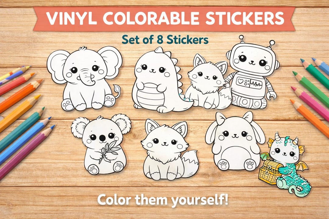 Colorable Vinyl Stickers Set of 8, Kawaii Cute Sticker Pack, Black and ...
