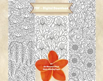 Art Nouveau Floral Designs Adult Coloring Book, 20 Pages, Printable PDF