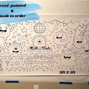 May include: A hand-painted, made-to-order black and white illustration of a monster party scene. The artwork features cartoon monsters, a DJ, cupcakes, and a disco ball. The dimensions are approximately 91cm x 152cm.