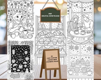 Puede incluir: Dibujo lineal en blanco y negro de una acogedora escena de cafetería de invierno. Incluye un gato barista, pasteles y gente disfrutando del café. El texto incluye "PDF DIGITAL DOWNLOAD", "But first, coffee" y "20 Cozy Winter Coffee Shop Coloring Pages".